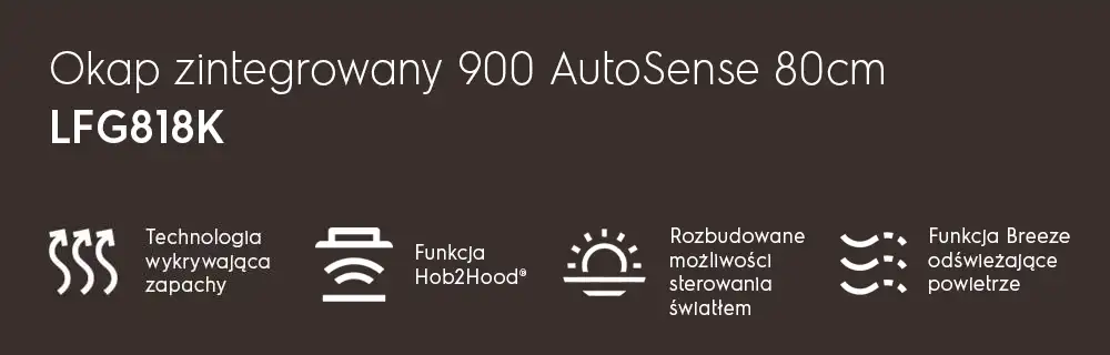 Grafika przedstawia tekst: \'Okap zintegrowany 900 AutoSense 80cm LFG818K\'. Obok znajdują się ikony z opisami: \'Technologia wykrywająca zapachy\', \'Funkcja Hob2Hood\', \'Rozbudowane możliwości sterowania światłem\', \'Funkcja Breeze odświeżające powietrze\'.