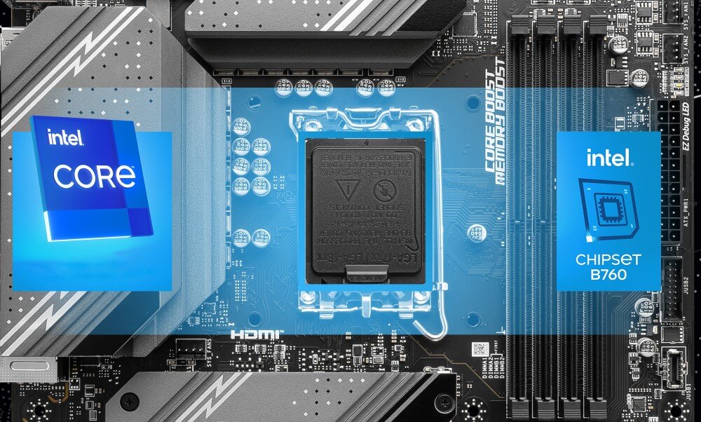 Obraz przedstawia płytę główną z widocznym gniazdem procesora oraz napisami \'intel CORE\' i \'intel CHIPSET B760\'. W tle widać elementy elektroniczne i złącza pamięci RAM.