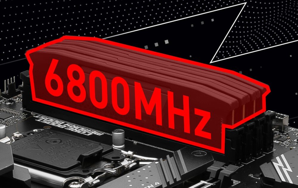 Obraz przedstawia fragment płyty głównej z zaznaczonymi modułami pamięci RAM, na których widnieje napis \'6800MHz\'. W tle widoczne są elementy graficzne i wzory.
