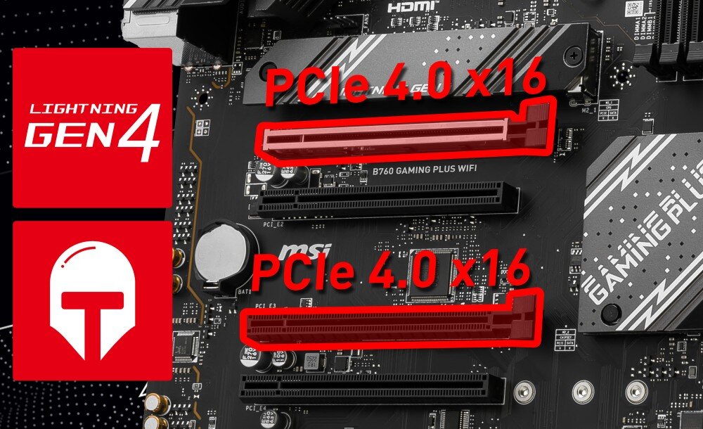 Obraz przedstawia fragment płyty głównej z widocznymi złączami PCIe 4.0 x16 oznaczonymi na czerwono. Po lewej stronie znajdują się czerwone ikony z napisami \'LIGHTNING GEN4\' oraz logo w kształcie hełmu.