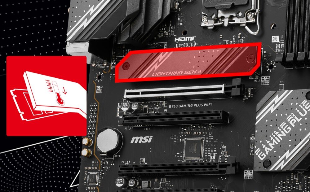 Obraz przedstawia fragment płyty głównej z widocznymi napisami: \'LIGHTNING GEN 4\', \'B760 GAMING PLUS WIFI\' oraz logo \'msi\'. Na czerwonym tle znajduje się schematyczny rysunek z napisem \'M.2\' i strzałką wskazującą kierunek montażu.