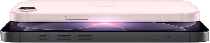 iPhone 17e w pozycji poziomej, bok i tył obudowy, kolor jasnoróżowy. iPhone 17e w pozycji poziomej, bok i tył obudowy, kolor czarny