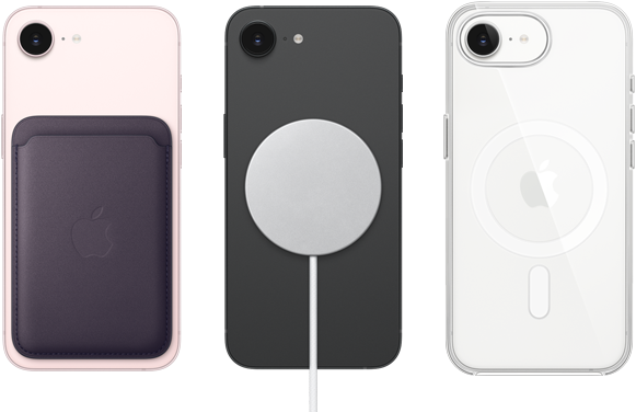 iPhone 17e, tył obudowy, kolor jasnoróżowy, portfel z tkaniny FineWoven z MagSafe. iPhone 17e, tył obudowy, kolor czarny, podłączona ładowarka MagSafe. iPhone 17e, tył obudowy, kolor biały, przezroczyste etui z MagSafe