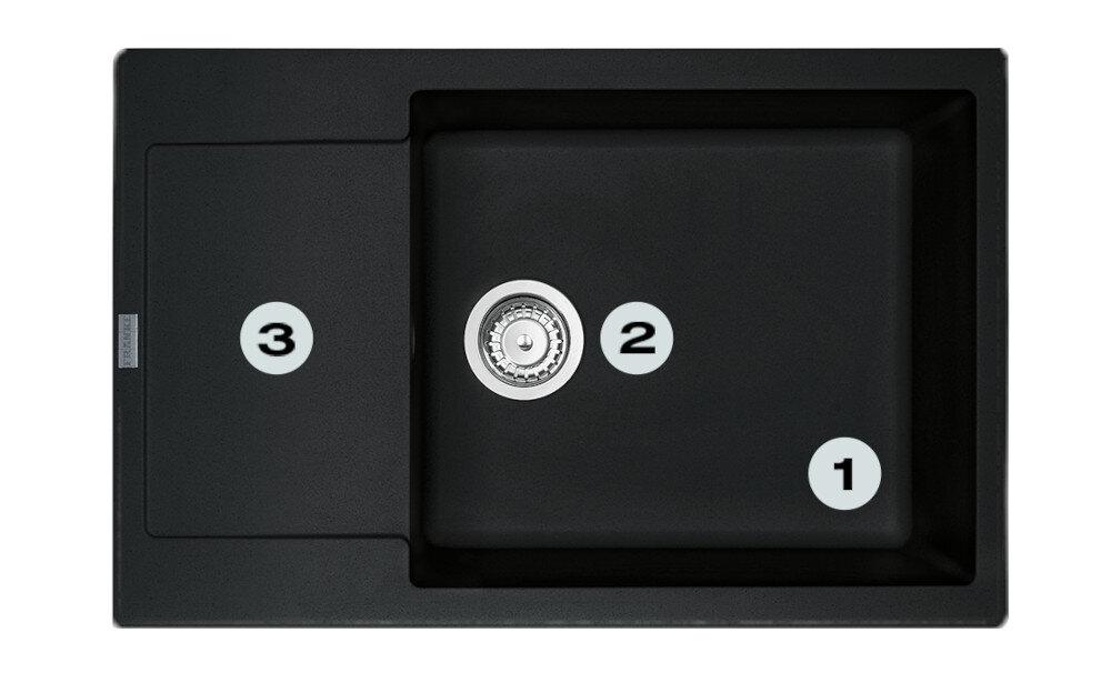 Zlewozmywak FRANKE Maris MRG 611-78 XL 114.0675.983 onyx Postaw na komfort w kuchni zlewozmywak z góry z widocznymi numerami 1 na ociekaczu 2 na odpływie 3 na głębokiej komorze