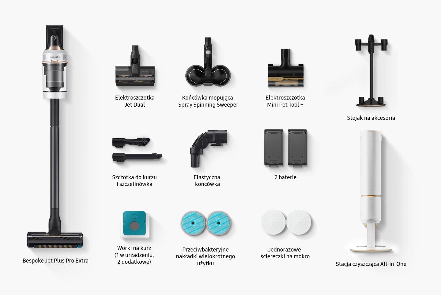 Obraz przedstawia zestaw akcesoriów do odkurzacza, w tym elektroszczotkę Jet Dual, końcówkę mopującą Spray Spinning Sweeper, elektroszczotkę Mini Pet Tool+, szczotkę do kurzu i szczelinówkę, elastyczną końcówkę, 2 baterie, worki na kurz, antybakteryjne nakładki wielokrotnego użytku, jednorazowe ściereczki na mokro, stojak na akcesoria oraz stację czyszczącą All-in-One. Widoczny jest również odkurzacz Bespoke Jet Plus Pro Extra.