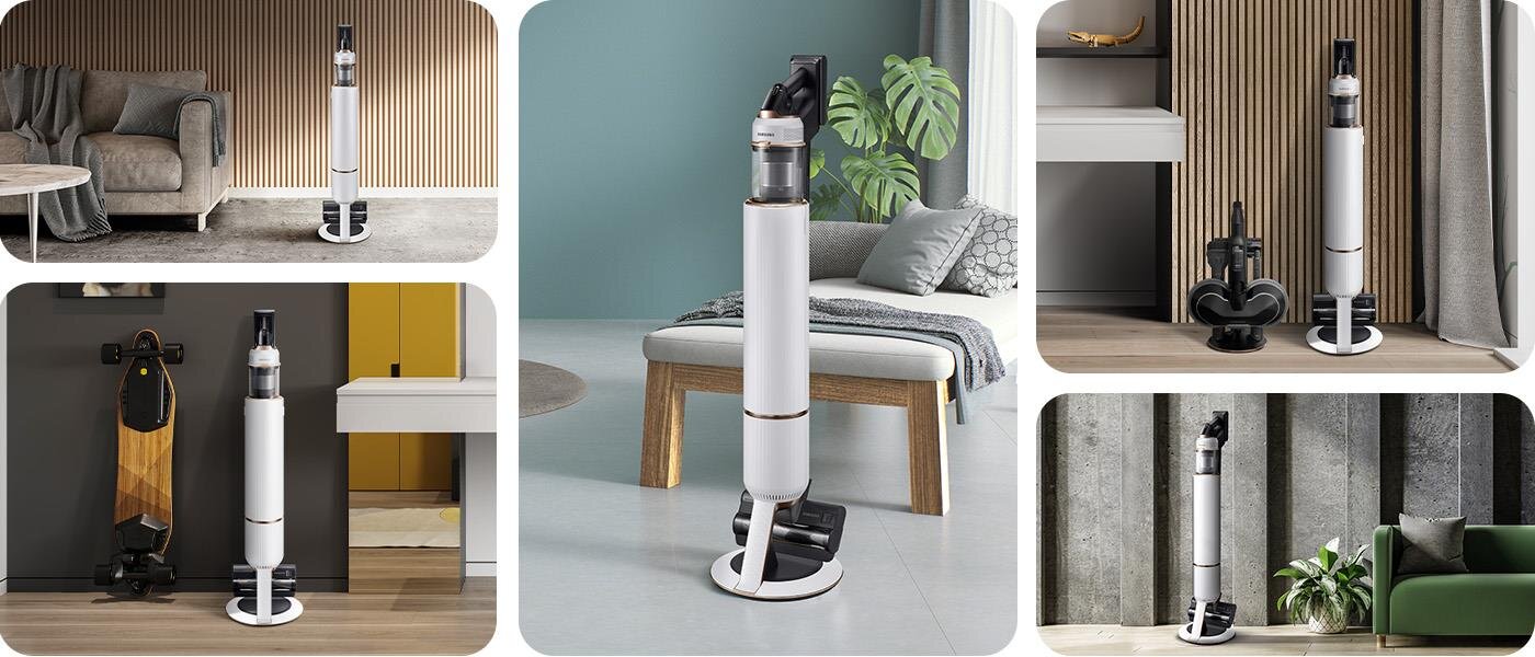 Na obrazku widoczny jest odkurzacz w kilku różnych wnętrzach, stojący na stacji dokującej. Odkurzacz ma smukły, biały korpus z czarnymi elementami.