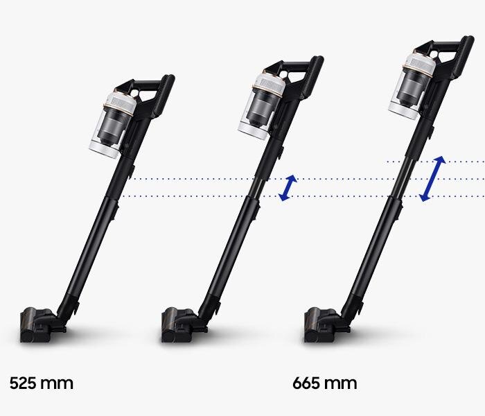 Obraz przedstawia trzy odkurzacze pionowe w różnych pozycjach, z wysuniętymi rurami teleskopowymi. Pod odkurzaczami widoczne są wymiary: 525 mm i 665 mm.