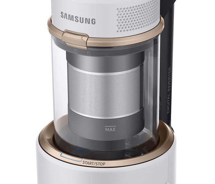 Odkurzacz z przezroczystym pojemnikiem na kurz, na którym widoczny jest napis \'MAX\'. Na górnej części urządzenia znajduje się logo \'SAMSUNG\' oraz przycisk \'START/STOP\'.