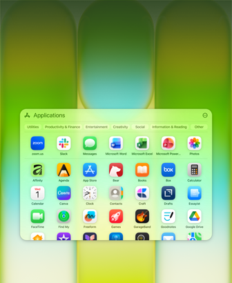 Obraz przedstawia ekran z aplikacjami na komputerze, z widocznymi ikonami takich programów jak Zoom, Slack, Messages, Microsoft Word, Microsoft Excel, i inne. Tło jest kolorowe, z gradientem zieleni i żółci.