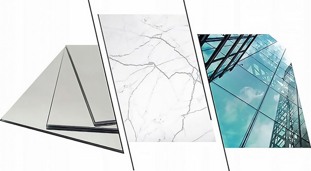 Obraz przedstawia trzy panele: pierwszy to stos lustrzanych płyt, drugi to powierzchnia z białego marmuru z szarymi żyłkami, a trzeci to szklana fasada budynku odbijająca niebo.