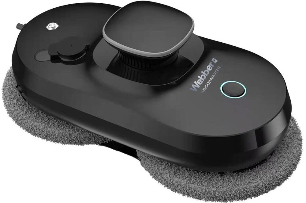 Czarny robot do mycia okien z dwoma okrągłymi szczotkami i przyciskiem z podświetleniem. Na obudowie widoczne jest logo \'Webber WINDOWMASTER\'.
