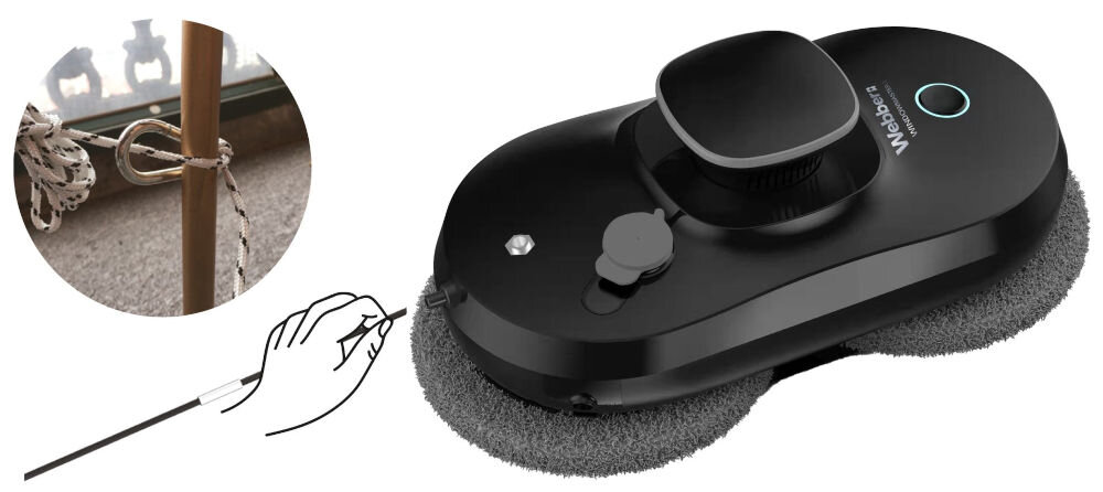 Czarny robot do mycia okien z logo \'Webber\' i okrągłym przyciskiem na górze. Obok znajduje się ilustracja przedstawiająca sposób mocowania kabla zabezpieczającego.