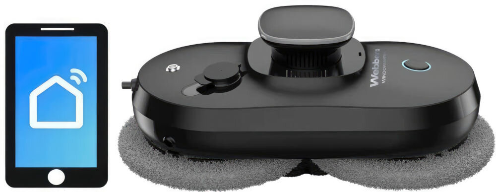 Na obrazie widoczny jest czarny robot do mycia okien z dwoma okrągłymi szczotkami oraz smartfon z ikoną domu na ekranie. Na robocie znajduje się napis \'Webber\' oraz logo producenta.