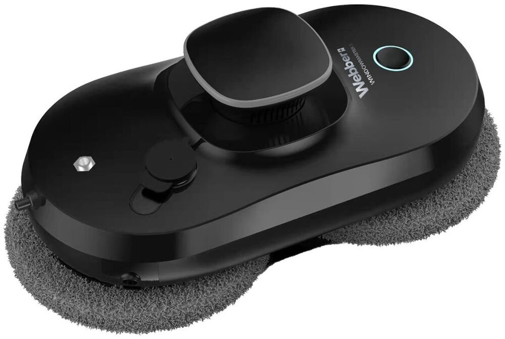 Czarny robot do mycia okien z dwoma okrągłymi szczotkami i przyciskiem z niebieskim podświetleniem. Na obudowie widoczny jest napis \'Webber WINDOW CLEANER\'.