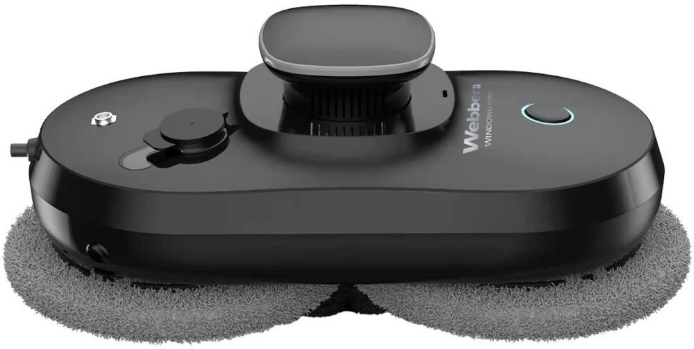 Czarny robot do mycia okien z dwoma okrągłymi szczotkami i przyciskiem z niebieskim podświetleniem. Na obudowie widoczny jest napis \'Webber WM170\'.