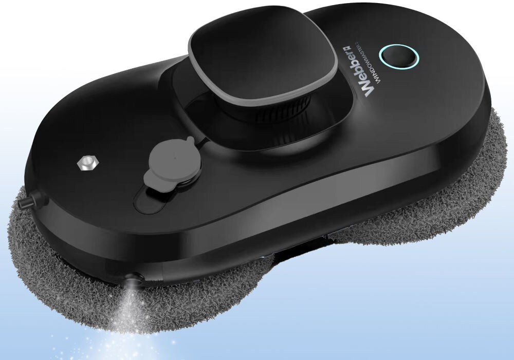 Czarny robot do mycia okien z okrągłymi szczotkami i logo \'Webber\' na górnej powierzchni. Urządzenie emituje strumień wody z dolnej części.