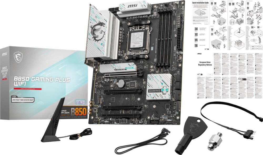 Na obrazie znajduje się płyta główna z oznaczeniem \'B850 Gaming Plus WiFi\' oraz pudełko z tym samym napisem. Widać również antenę, przewody, klucz oraz dokumentację instalacyjną i regulacyjną.