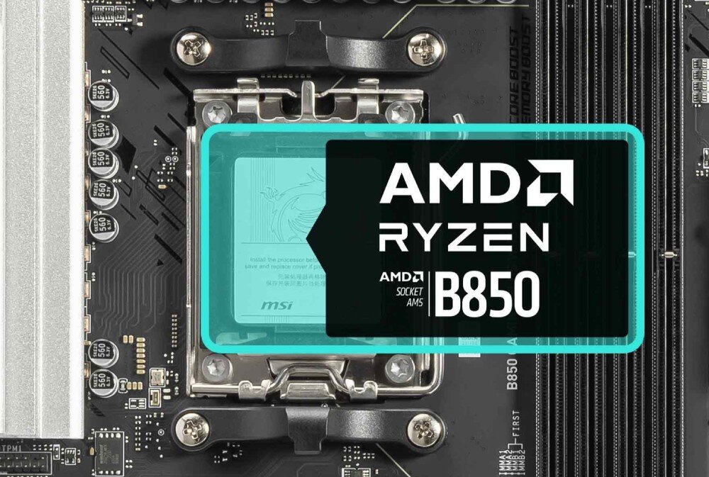 Zbliżenie na płytę główną z widocznym gniazdem procesora i napisem \'AMD RYZEN B850 SOCKET AM5\'.