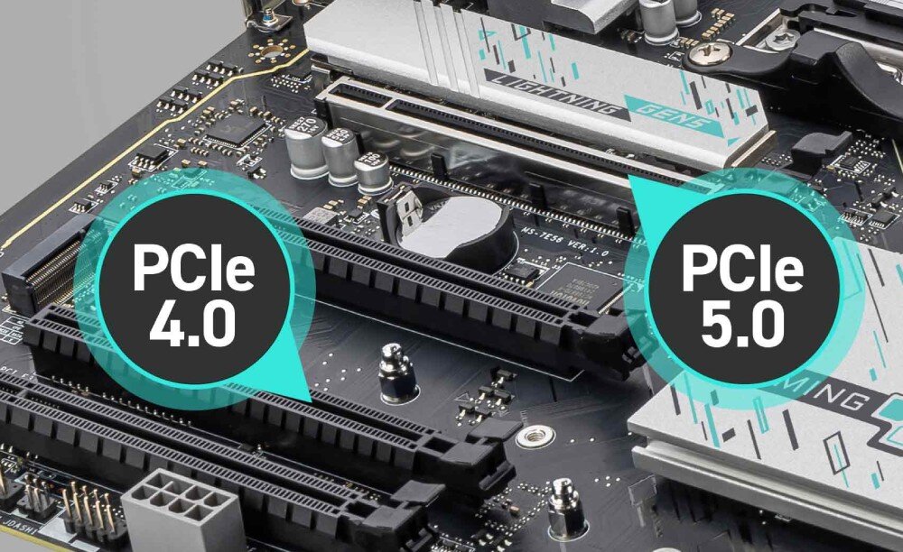 Zdjęcie przedstawia fragment płyty głównej z widocznymi slotami PCIe oznaczonymi jako PCIe 4.0 i PCIe 5.0. Na płycie widoczne są również elementy elektroniczne oraz napis \'LIGHTNING GEN5\'.