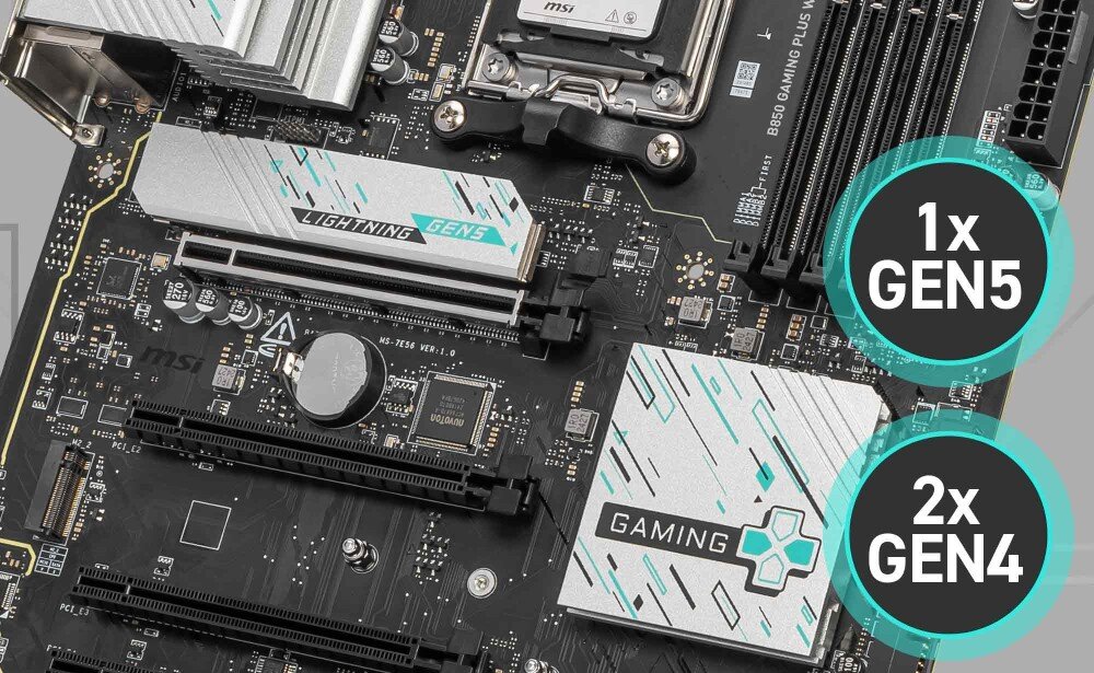 Zdjęcie przedstawia płytę główną z oznaczeniami \'LIGHTNING GEN5\' i \'GAMING\'. Widoczne są także napisy \'1x GEN5\' i \'2x GEN4\' w okręgach.