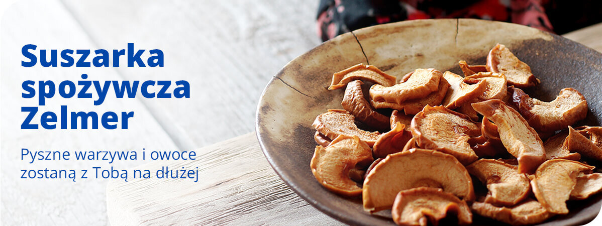 Na obrazie widoczny jest talerz z suszonymi owocami, obok którego znajduje się tekst: \'Suszarka spożywcza Zelmer. Pyszne warzywa i owoce zostaną z Tobą na dłużej\'.