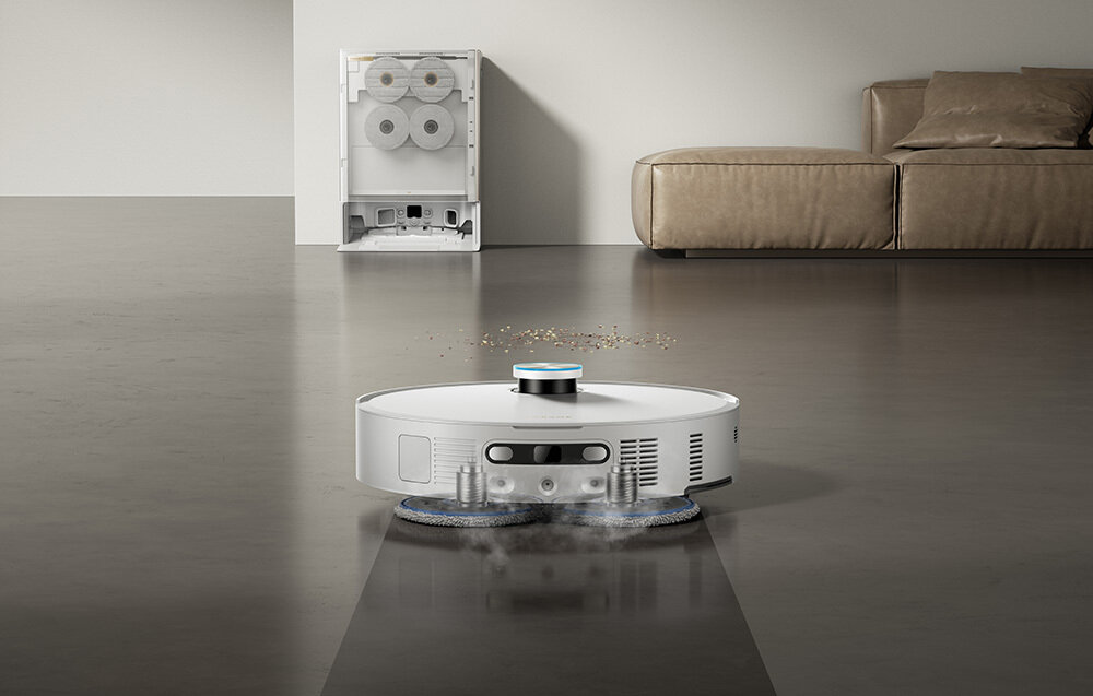 Robot sprzątający DREAME Matrix 10 Ultra Biały Mopowanie Omni-Scrub automatycznie dostosowują kąt nachylenia Siła nacisku 8N prędkość 165 obrotów na minutę  świeżych, jak i zaschniętych zabrudzeń System unoszenia mopów