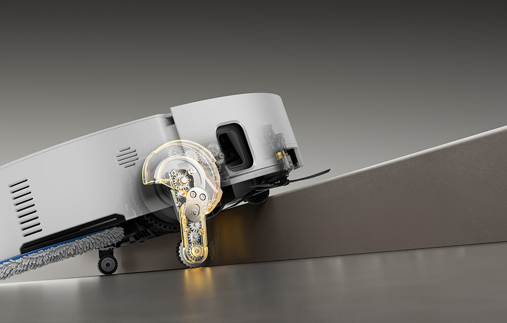 Robot sprzątający DREAME Matrix 10 Ultra Biały Swoboda pokonywania przeszkód  w składane nóżki i ruchome ramiona przy kołach pokonywanie progów do 4,2 cm podwójnych stopni do 8 cm Podwozie Triple-Wheel AgiLift™ standardowe progi i wąskie przejścia wjazd pod meble automatycznie unosi się o 11 mm