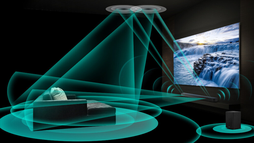 Obraz przedstawia salon z dużym telewizorem wyświetlającym krajobraz wodospadu. Wokół kanapy i telewizora widoczne są wizualizacje fal dźwiękowych, sugerujące działanie systemu dźwiękowego z soundbarem i subwooferem.