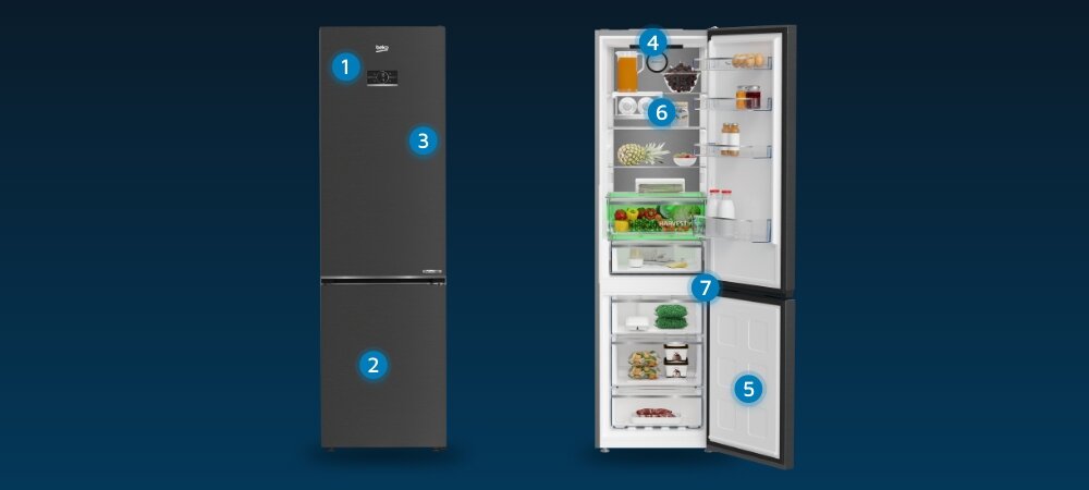 Na ciemnym tle widoczna jest lodówka w kolorze ciemnego inoxu z otwartymi drzwiami, ukazująca wnętrze z półkami i produktami spożywczymi. Na zamkniętych drzwiach widoczne jest logo \'beko\'.