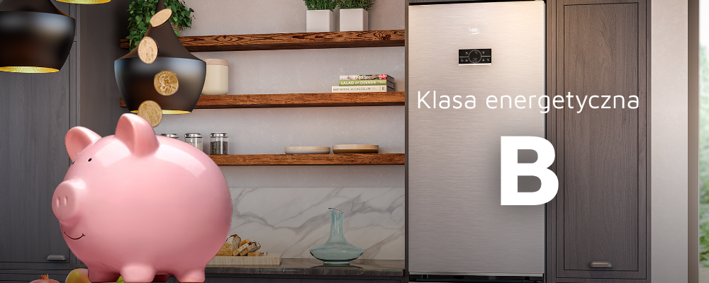 LODÓWKA BEKO B7RCNA407HXBR2 wizualizacja skarbonka świnka monety półki lodówka w tle dekoracje Klasa energetyczna C oszczędności skuteczne stabilne chłodzenie dłuższa świeżość kontrola wydatków