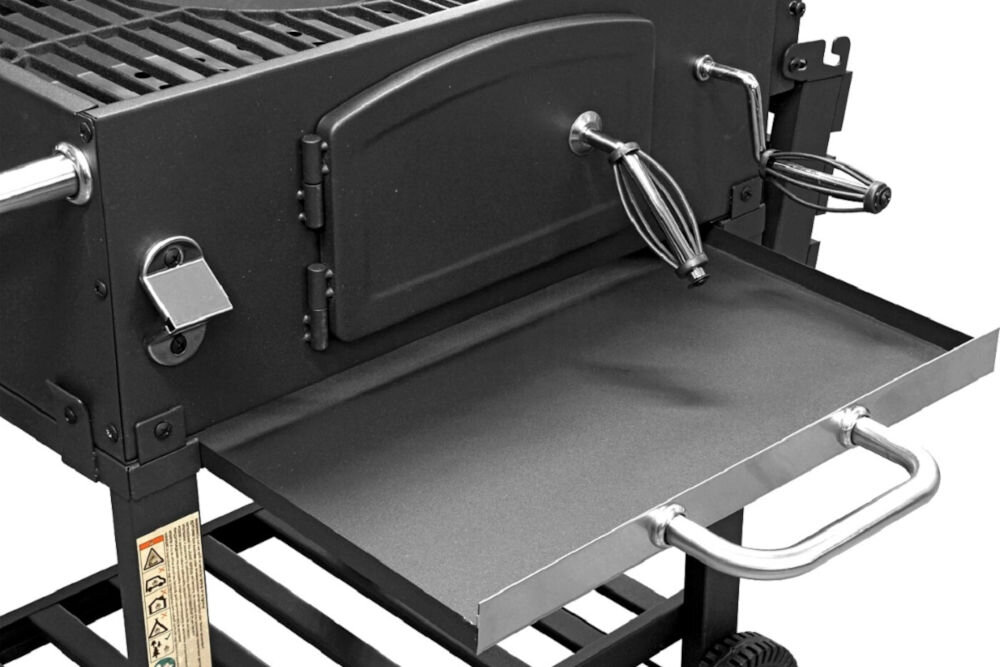 Grill węglowy ACTIVA Angular 11245L 57.5 x 42 cm popielnik w formie szuflady ułatwienie utrzymania w czystości szybkie bezproblemowe usuniecie pozostałości praktyczne rozwiązanie minimalizowanie bałaganu bezpieczne pozbycie gorącego popiołu wygoda bezpieczeństwo 