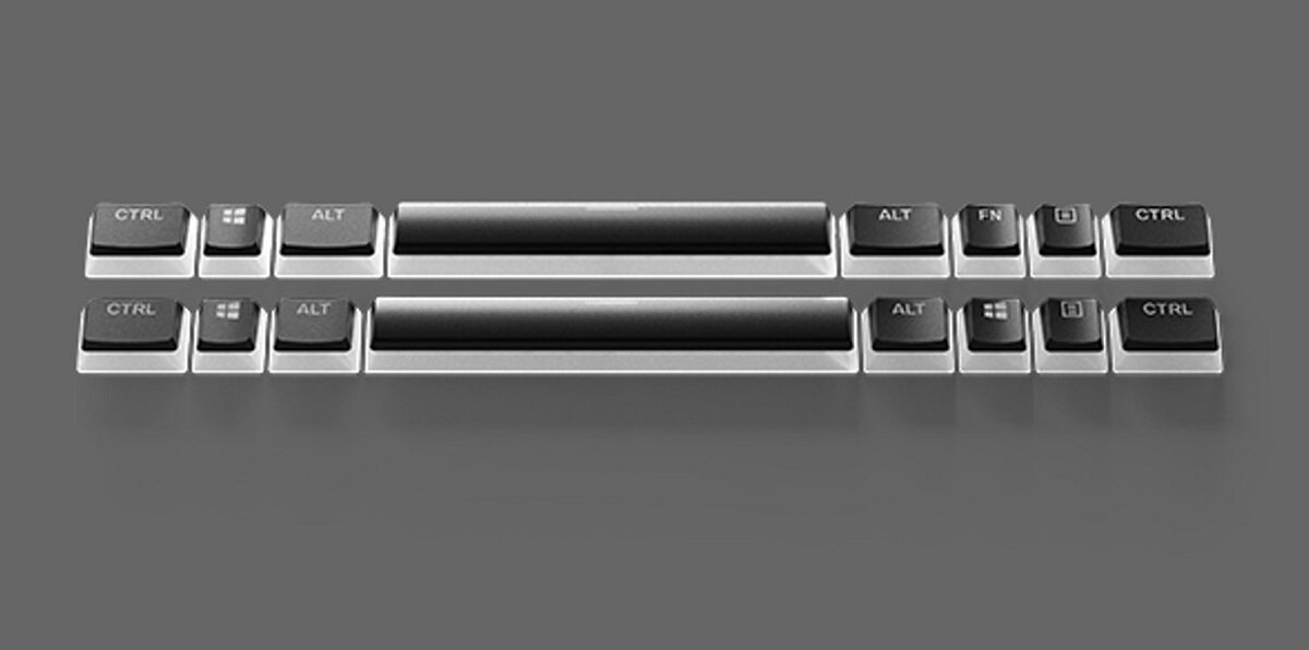 Na obrazie widoczne są czarne klawisze z białymi napisami, w tym \'CTRL\', \'ALT\', \'FN\', oraz symbol Windows. Klawisze są ułożone w dwóch rzędach na szarym tle.