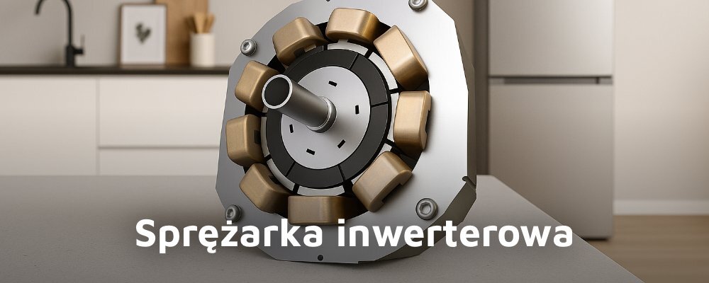 Na pierwszym planie znajduje się sprężarka inwerterowa z widocznymi elementami metalowymi i miedzianymi. W tle widać kuchnię z lodówką i szafkami, a na obrazie znajduje się tekst: \'Sprężarka inwerterowa\'.