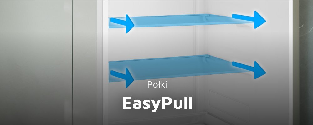 Wnętrze lodówki z dwiema półkami oznaczonymi niebieskimi strzałkami. Tekst na obrazie: \'Półki EasyPull\'.
