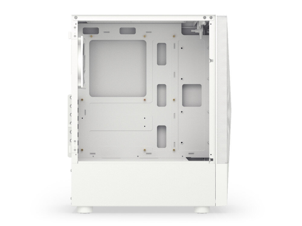Obudowa KRUX Vako RGB Biały płytę główną w standardzie ATX, chłodzenie wodne do 240 mm kartę graficzną o długości do 310 mm cztery miejsca na dyski przestrzeń na zasilacz do 160 mm trzy porty USB-A porty audio
