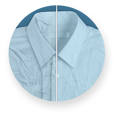 Obraz przedstawia koszulę z kołnierzykiem, podzieloną na dwie części. Lewa strona jest pognieciona, a prawa strona jest gładka.