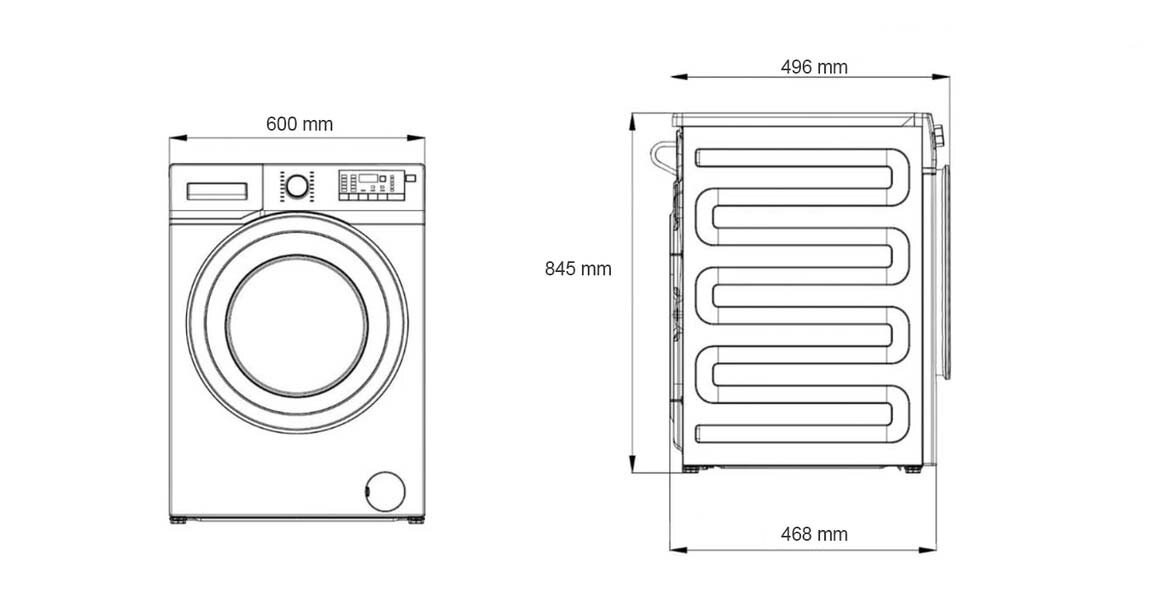 Schematyczny rysunek pralki z przodu i z boku z wymiarami: 600 mm szerokości, 845 mm wysokości, 496 mm głębokości. Widoczne są elementy sterujące i bęben pralki.