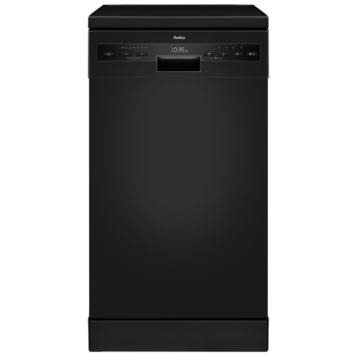 Czarna zmywarka z panelem sterowania na górze, na którym widoczny jest wyświetlacz z czasem 0:35 oraz przyciski funkcyjne. Na panelu znajduje się logo \'Amica\'.