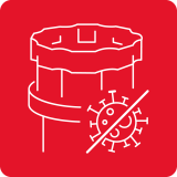 Czerwony kwadrat z białą ikoną przedstawiającą rurę i przekreślony symbol wirusa.