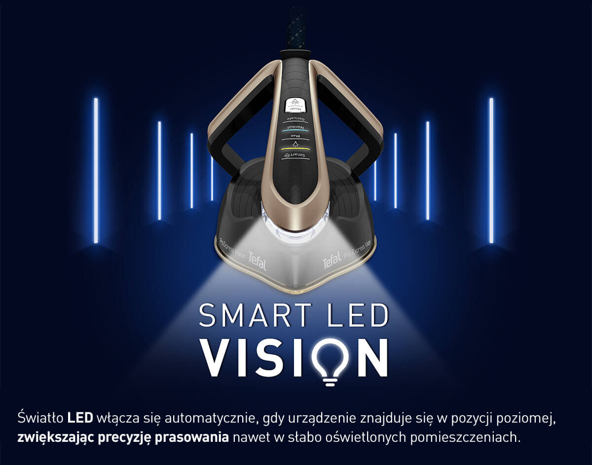 Obraz przedstawia generator pary TEFAL Pro Express Vision GV9823 z oświetleniem LED, z widocznym logo TEFAL. Tekst na obrazie: \'SMART LED VISION\' oraz \'Światło LED włącza się automatycznie, gdy urządzenie znajduje się w pozycji poziomej, zwiększając precyzję prasowania nawet w słabo oświetlonych pomieszczeniach.\'