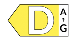 Etykieta energetyczna z literą \'D\' na żółtym tle oraz skalą od \'A\' do \'G\'.