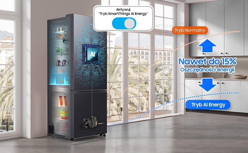 Grafitowa lodówka z wyświetlaczem AI stoi w nowoczesnej kuchni. Na obrazie widoczny jest tekst: \'Aktywuj Tryb SmartThings AI Energy\', \'Tryb Normalny\', \'Nawet do 15% Oszczędności energii\', \'Tryb AI Energy\'.