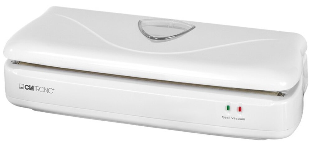 Biała zgrzewarka z logo \'CLATRONIC\' na obudowie. Widoczne są dwa wskaźniki świetlne oraz napisy \'Seal\' i \'Vacuum\'.