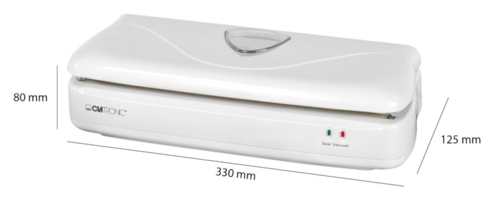 Biała zgrzewarka o wymiarach 330 mm x 125 mm x 80 mm z logo \'CLATRONIC\' na przedniej części. Posiada dwa wskaźniki świetlne oznaczone jako \'Seal\' i \'Vacuum\'.