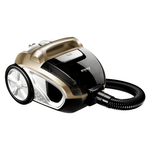 Odkurzacz w kolorze czarno-złotym z dużymi kołami i elastycznym wężem. Na obudowie widoczne jest logo \'Amica\'.