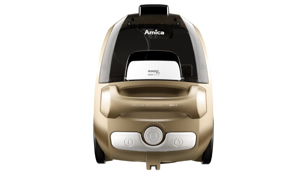 Na obrazie widoczny jest odkurzacz w kolorze złotym z logo \'Amica\' na górze. Na urządzeniu znajduje się napis \'BAGIO eco max 1500 W\' oraz przyciski i pokrętło sterujące.