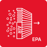 Czerwony kwadrat z białą ikoną filtra powietrza, przez który przechodzą bąbelki. Obok znajduje się napis \'AIR\' i strzałka wskazująca na \'EPA\'.