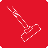 Czerwona ikona przedstawiająca biały symbol odkurzacza z rurą i szczotką.