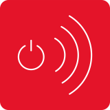 Czerwony kwadrat z białymi ikonami przedstawiającymi przycisk zasilania i fale dźwiękowe.