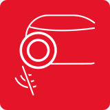 Ikona przedstawia stylizowany odkurzacz z falami dźwiękowymi, na czerwonym tle.